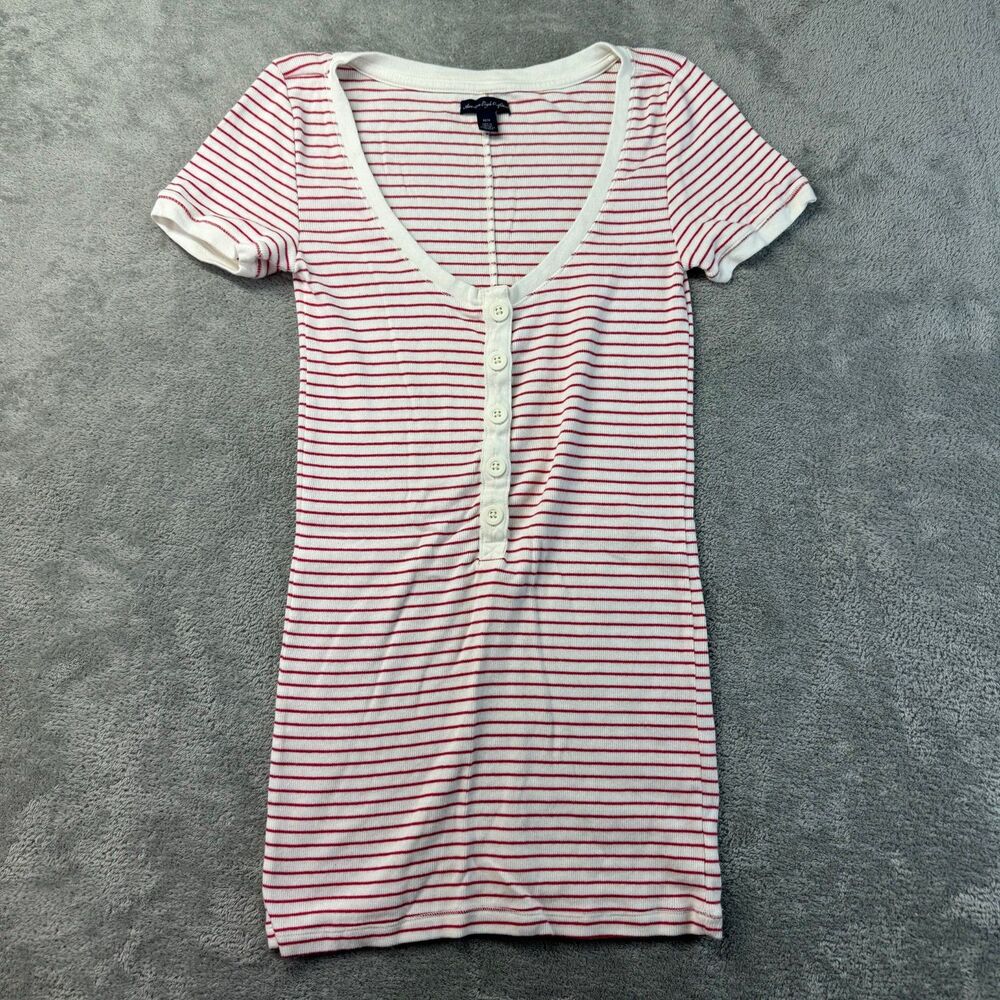 American Eagle Top Women's Medium Red White Short Sleeve Striped Y2K Stretch